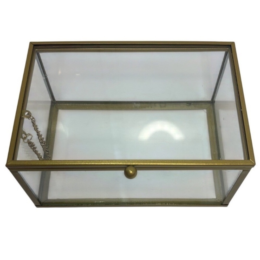 Gold Brass Glass Jewelry Box Rectangular Hinged Display Keepsake Case Vintage - Picture 2 of 10